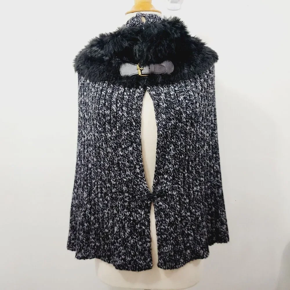 Soft Surroundings Kasa Cape Black White Marble Faux Fur Stretch Knit NWT OSFM